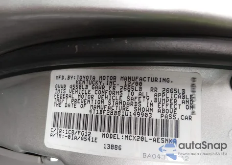 2001 Toyota Avalon Xl z USA, uszkodzony, nr VIN 4T1BF28B81U149903